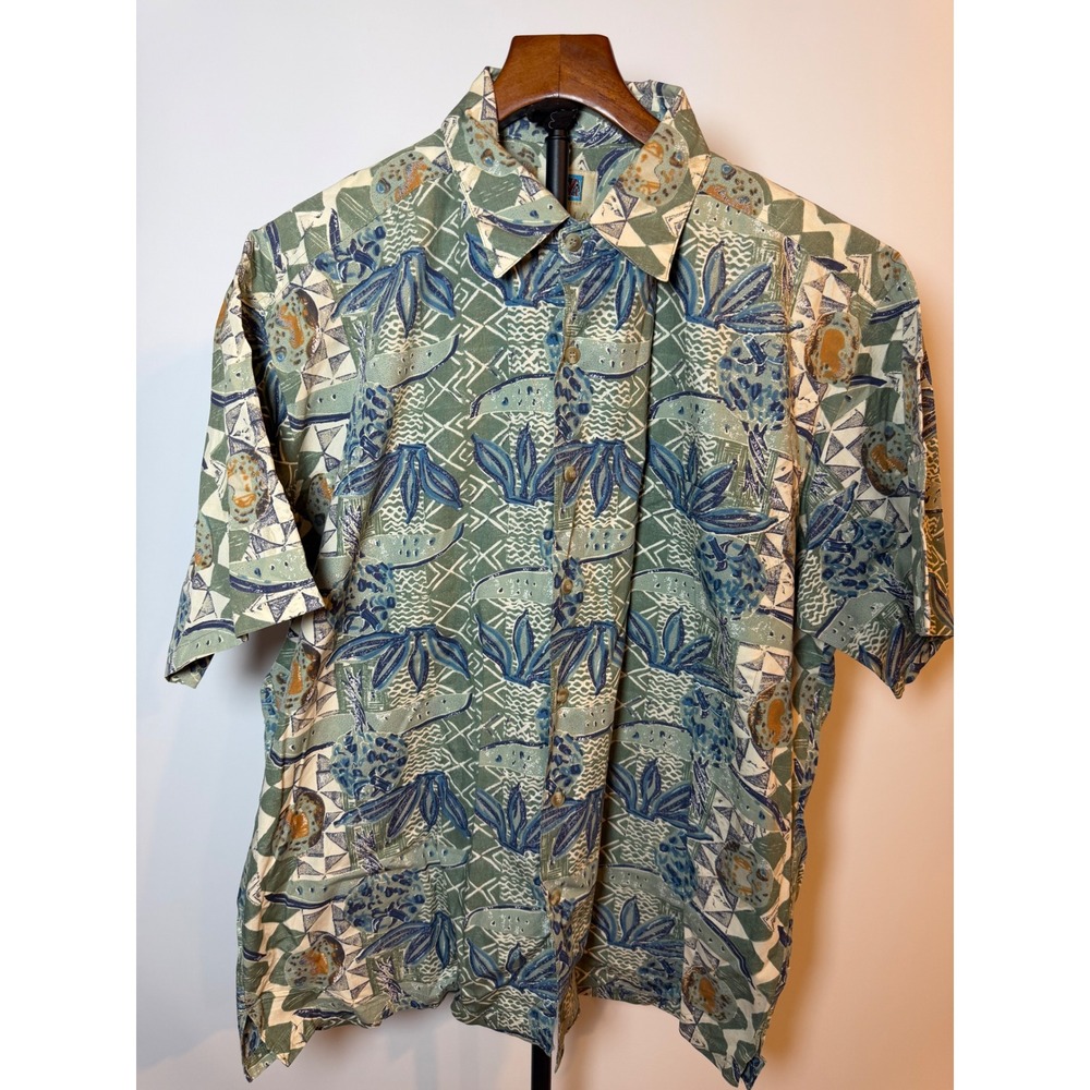 Kahala Avi Collection Mens Green Blue Cotton Hawaiian Button Down Shirt L